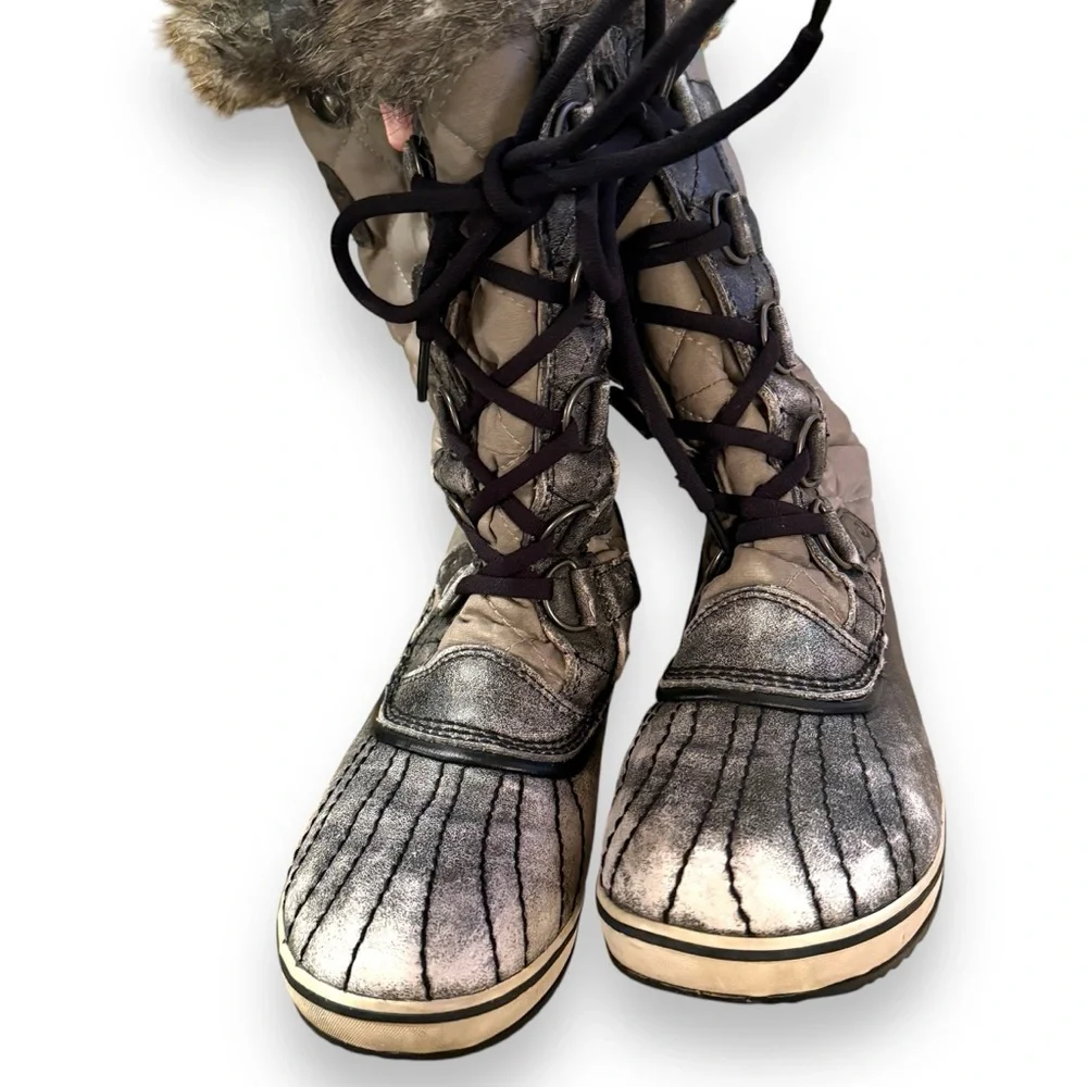 Sorel Tofino Tall Gray Waterproof Lace Up Distressed Faux‎ Fur Snow Boots Sz 7.5